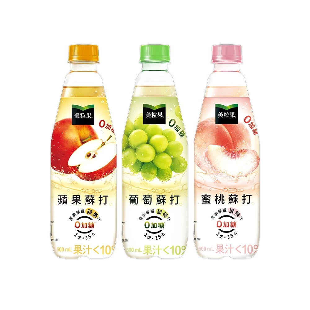 【蝦皮直營】Minute Maid 美粒果 零加糖蘇打系列 500mlx4入組 蘋果/葡萄/蜜桃 寶特瓶