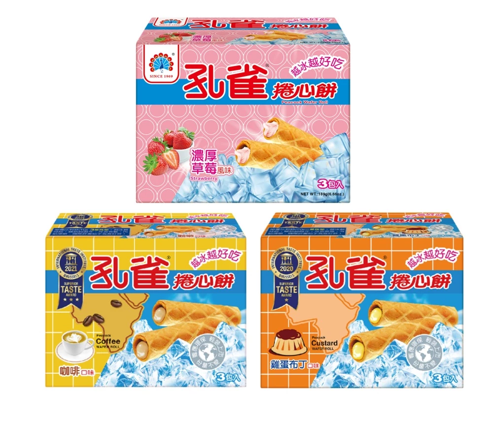 乖乖 孔雀 捲心餅 量販盒 3包入x63g/包 口味任選 咖啡 雞蛋 布丁 草?