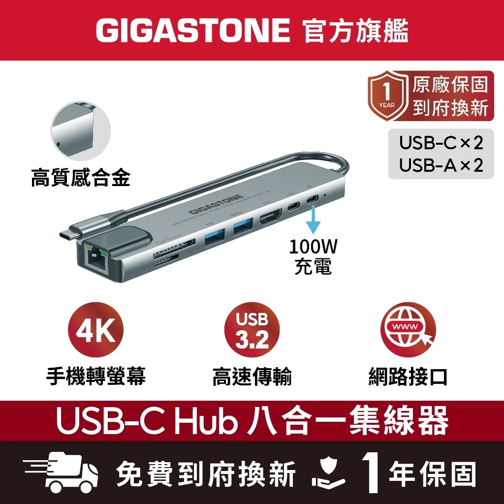 【GIGASTONE】八合一 USB-C 多功能集線器 Hub iPad手機投影 標準網路接口 Mac讀