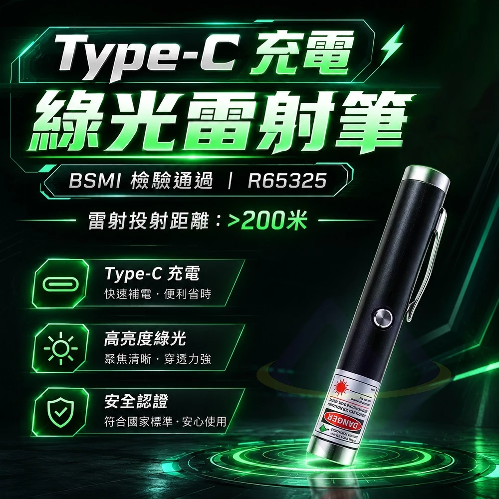 【禾統】台灣現貨 通過BSMI檢驗 Type-C充電綠光雷射筆 簡報筆 激光筆 指示筆 直線激光 Typ