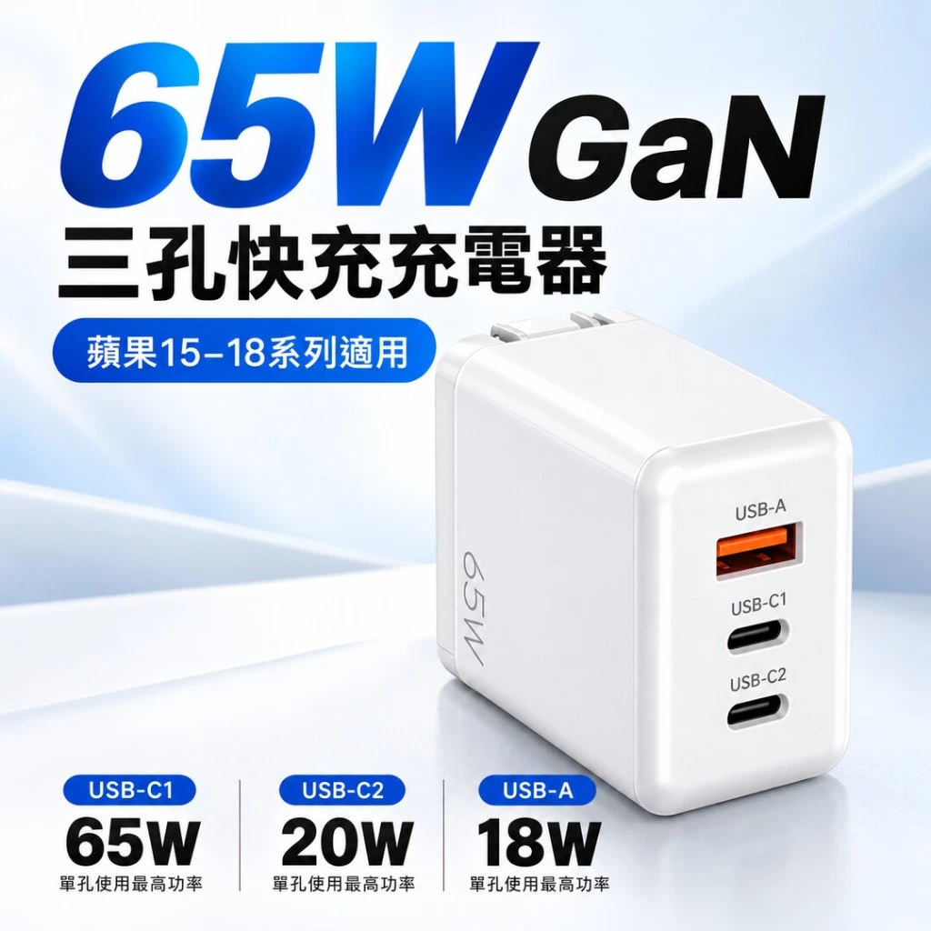 65W GaN 三孔 PD 快充頭 雙 Type-C USB 蘋果/安卓 筆電